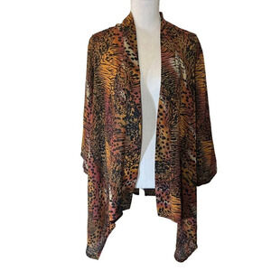Slinky Brand Vintage Animal Print Sheer Open Cardigan Plus Size 1X Orange Brown